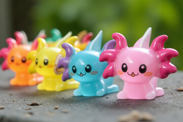 A vibrant collection of colorful, whimsical resin axolotl figurines lined up on a surface.
