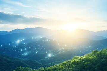 Sunrise over misty mountains with lush green forest and glowing digital light points, symbolizing nature and technology merging harmoniously.