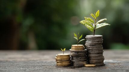 Coins with plant growing, symbol of sustainable growth