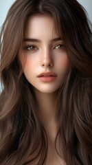 Fototapeta premium Beautiful woman with long brown hair posing in beauty portrait