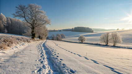 Snowy path through frosted trees and fields winter