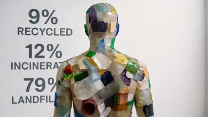 Human figure made of plastic waste standing next to global recycling statistics. Concept of plastic pollution, environmental impact, and waste awareness - Powered by Adobe