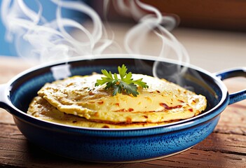 Close-up of a stacked omelet in a blue ceramic dish with rustic morning setting