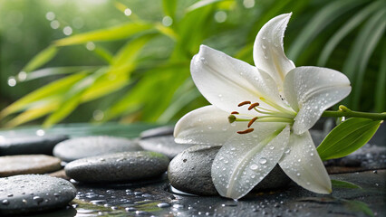 White lily with water droplets on dark stones and green leaves