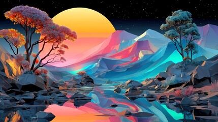 Aurora Neon Terrain, vibrant landscape of clean linework undulating in gradient waves of pink, teal, and deep violet beneath a synthwave-inspired sky