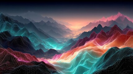 Chromatic Mesh Valley, a vibrant futuristic landscape of hot pink and cyan gridlines, features a smooth gradient night sky and striking angular formations, inviting exploration.
