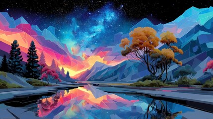Chromatic Mesh Valley, a vibrant futuristic expanse defined by hot pink and cyan gridlines, featuring a sleek gradient night sky and striking angular formations.