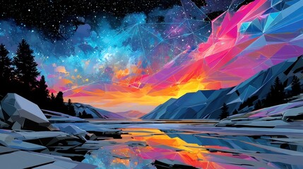 Chromatic Mesh Valley, a vibrant futuristic landscape with a hot pink and cyan grid pattern, features a smooth gradient night sky and striking angular formations.