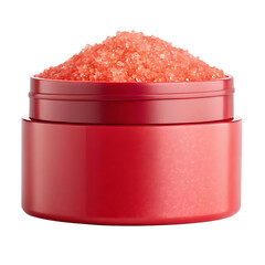 Red jar filled with pink exfoliating salt for body care and spa treatments isolated on transparent background