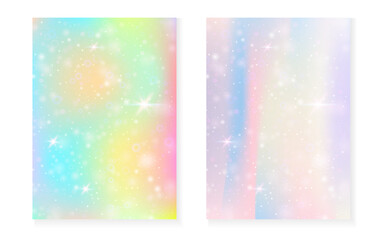 Princess background with kawaii rainbow gradient. Magic unicorn hologram. Holographic fairy set. Trendy fantasy cover. Princess background with sparkles and stars for cute girl party invitation.