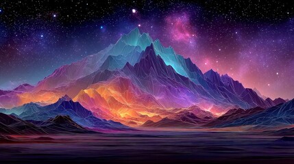 Cyber Neon Mountain Loop, vibrant wireframe mountains intertwining endlessly beneath a magenta sky, illuminated by glowing vector stars and sharp, clean outlines