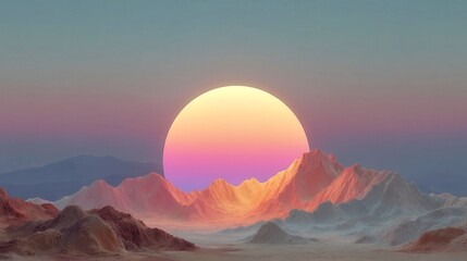Digital Sunset Mirage, vibrant neon wireframe desert landscape, colossal pink and purple sun descending behind luminous hills, captivating colors and surreal ambiance.