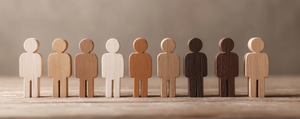 Wooden figurines representing diverse skin tones arranged in a row on a wooden surface against a neutral background.