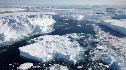breathtaking aerial view of ocean surfaces bordered by pristine ice shores and majestic icebergs
