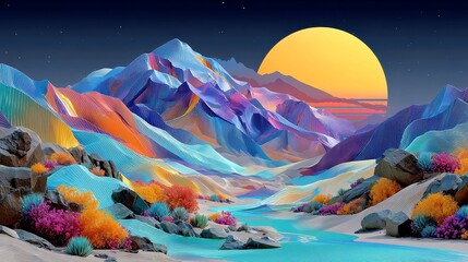 Electro Mirage Dunes, vibrant wireframe sand dunes illuminated in purple and aqua, adorned with pop art sunbursts on the horizon, creating a surreal desert landscape.