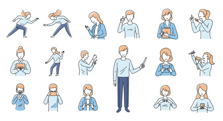 Fototapeta premium Illustrations of People Engaged in Various Activities and Poses with a Focused Teacher Presenting Information Effectively