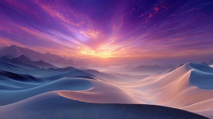 Electro Mirage Dunes, vibrant wireframe sand dunes illuminated in purple and aqua, with bold pop art sunbursts adorning the horizon, creating a surreal landscape.