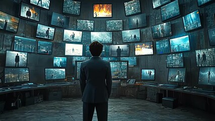 Man in a Control Room Surrounded by Screens Displaying Various Images and Data - Powered by Adobe