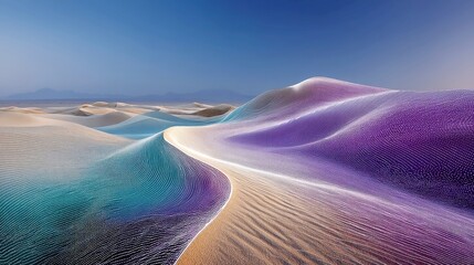 Electro Mirage Dunes, vibrant flowing wireframe sand dunes illuminated in purple and aqua, featuring pop art-style sunbursts radiating from the horizon in an expansive landscape.