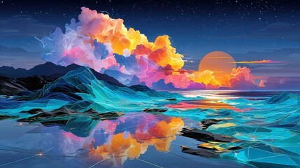 Glowing Grid Ocean, an abstract scene of wireframe teal waves softly illuminated beneath a vibrant pink lightning sky, evoking a serene yet dynamic atmosphere.