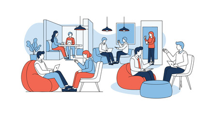 Modern Office Collaboration Space with Diverse People Enjoying Relaxed Work Environments