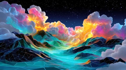 Glowing Grid Ocean, an abstract scene of teal wireframe waves softly illuminated, set against a vibrant pink lightning sky, creating a mesmerizing visual experience.