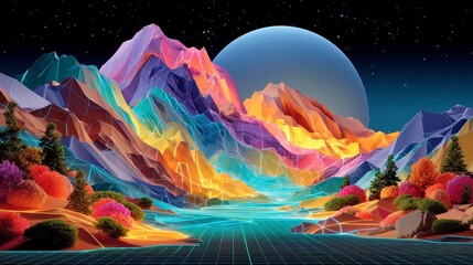 Laser Ridge Fields, expansive minimalist landscape featuring deep purple and pink hills, illuminated by a vibrant teal light grid in a retro aesthetic.
