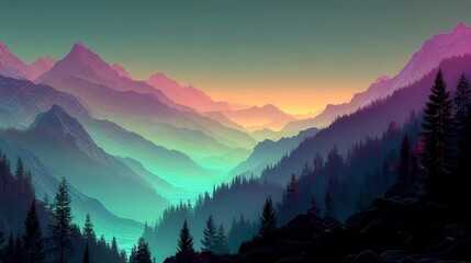 Laser Ridge Fields, minimalist landscape featuring deep purple and pink hills, illuminated by a pulsing teal grid, evoking a retro aesthetic in a surreal environment