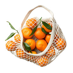 Fresh oranges with green leaves in a white mesh shopping bag isolated on transparent background