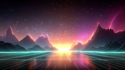 Laser Ridge Fields, minimalist landscape of deep purple and pink hills, illuminated by a vibrant teal light grid in a retro aesthetic, evoking a surreal atmosphere.