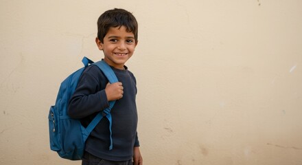 a hopeful child on World Refugee Day with a backpack, neutral background, and space
