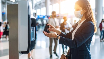 Businesswoman sanitizing hands at airport