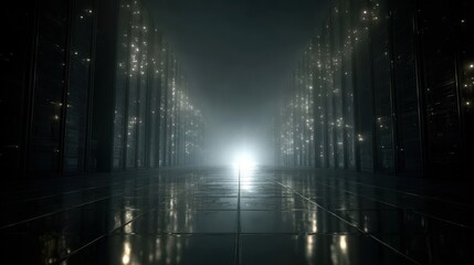 A mysterious server room bathed in shadows highlighting the intricate design of multiple blinking servers where the faint glow illuminates the dust particles in the air conveying a