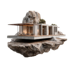 House on floating rock on transparent Background