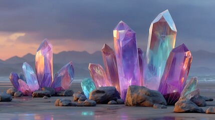 Neon Crystal Spires, jagged prism-like peaks in radiant violet and teal, glowing with low-poly brilliance, creating a mesmerizing and vibrant landscape of color and light.