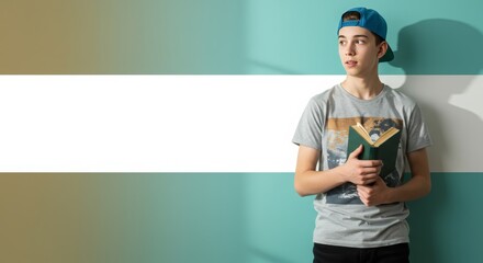 International Youth Day, Editorial, dynamic portrait of teenager with book, pastel wall, wallpaper