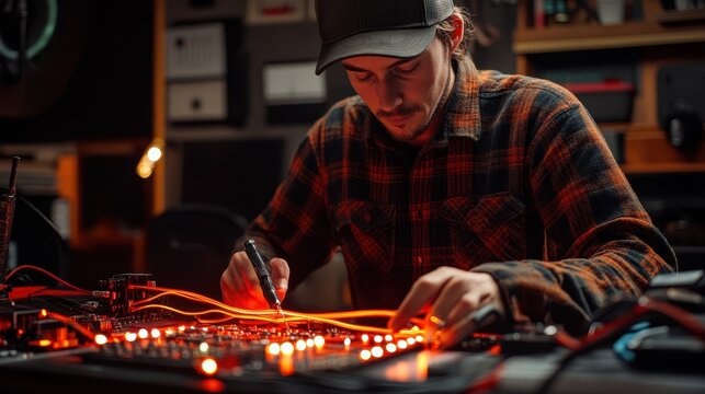 Young Male Music Producer Working with Equipment in Home Studio - Powered by Adobe