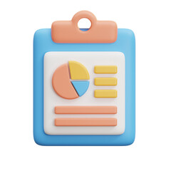 3D clipboard with charts and documents, perfect for illustrating business reports or data insights