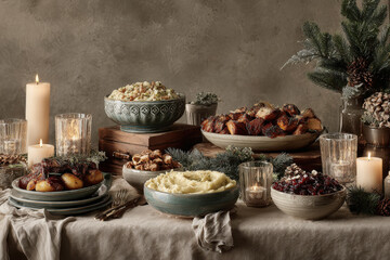beautifully arranged new years table for  is set against clean solid background