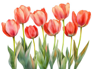 Vibrant cluster of red tulips with green leaves, showcasing their delicate petals and natural beauty. flowers are in full bloom, creating lively and cheerful display