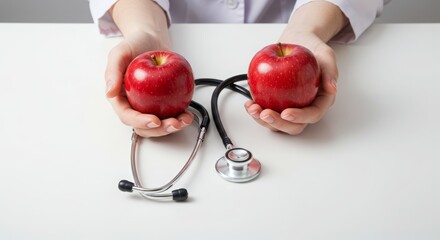 International Charity Day goodwill, hand holding an apple, stethoscope on a white surface