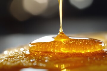 Golden Honey Dripping from Spoon on Dark Background, Close-up Shot