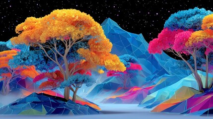 Neon Dreamscape, a vibrant retrofuturistic landscape featuring stylized terrain illuminated in electric blue and fuchsia, adorned with geometric trees and radiant neon accents.