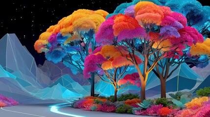 Neon Dreamscape, a vibrant terrain with electric blue and fuchsia hues, featuring geometric trees and luminous accents, blending retro aesthetics with futuristic elements.