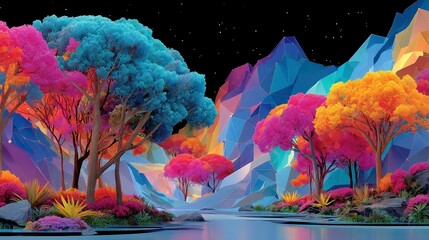 Retrofuture Terrain, vibrant landscape featuring electric blue and fuchsia stylized terrain, geometric trees, illuminated with neon flare accents for a surreal atmosphere.