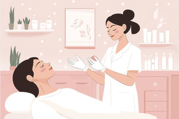 Beauty therapist providing facial treatment to client, spa environment, skincare products