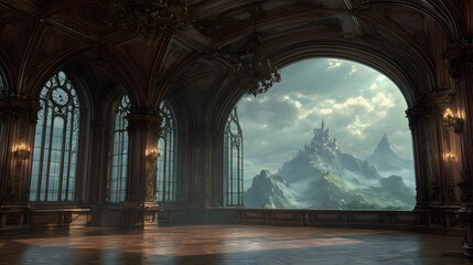 Fototapeta premium Grand Fantasy Castle View Through Ornate Palace Windows with Mountain Landscape