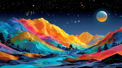Starlit Wireframe Craters, a moonlike landscape of neon terrain featuring geometric dips and luminous lines, set against a vast, dark sky filled with twinkling stars.
