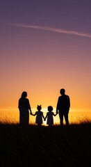 Silhouette of a family holding hands at sunset, with the sky in the background