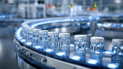 Aerial perspective of a stateoftheart pharmaceutical factory with a conveyor belt facilitating the rapid movement of transparent bottles filled with essential medicines and vaccines